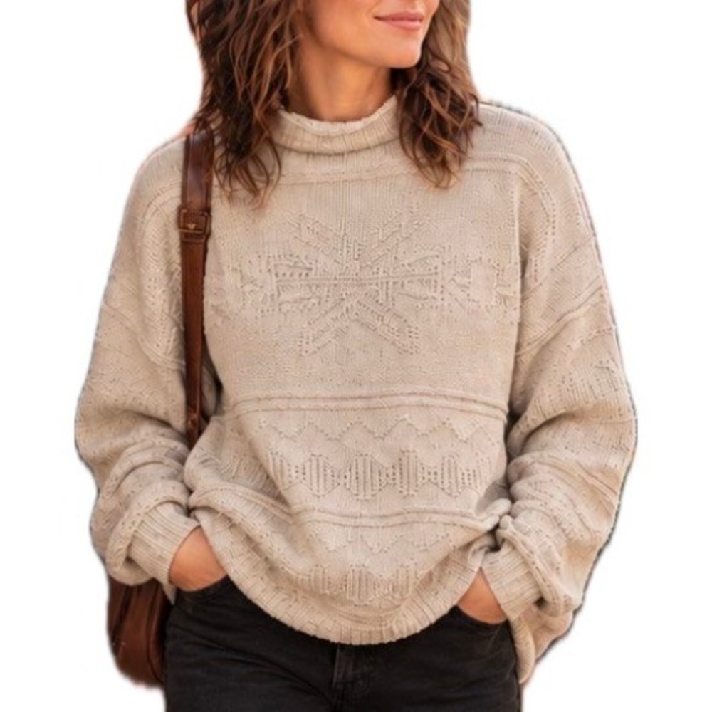 VTG Basic Editions Cream Cotton Mock Neck Snow Flake Design Sweater. Women's M